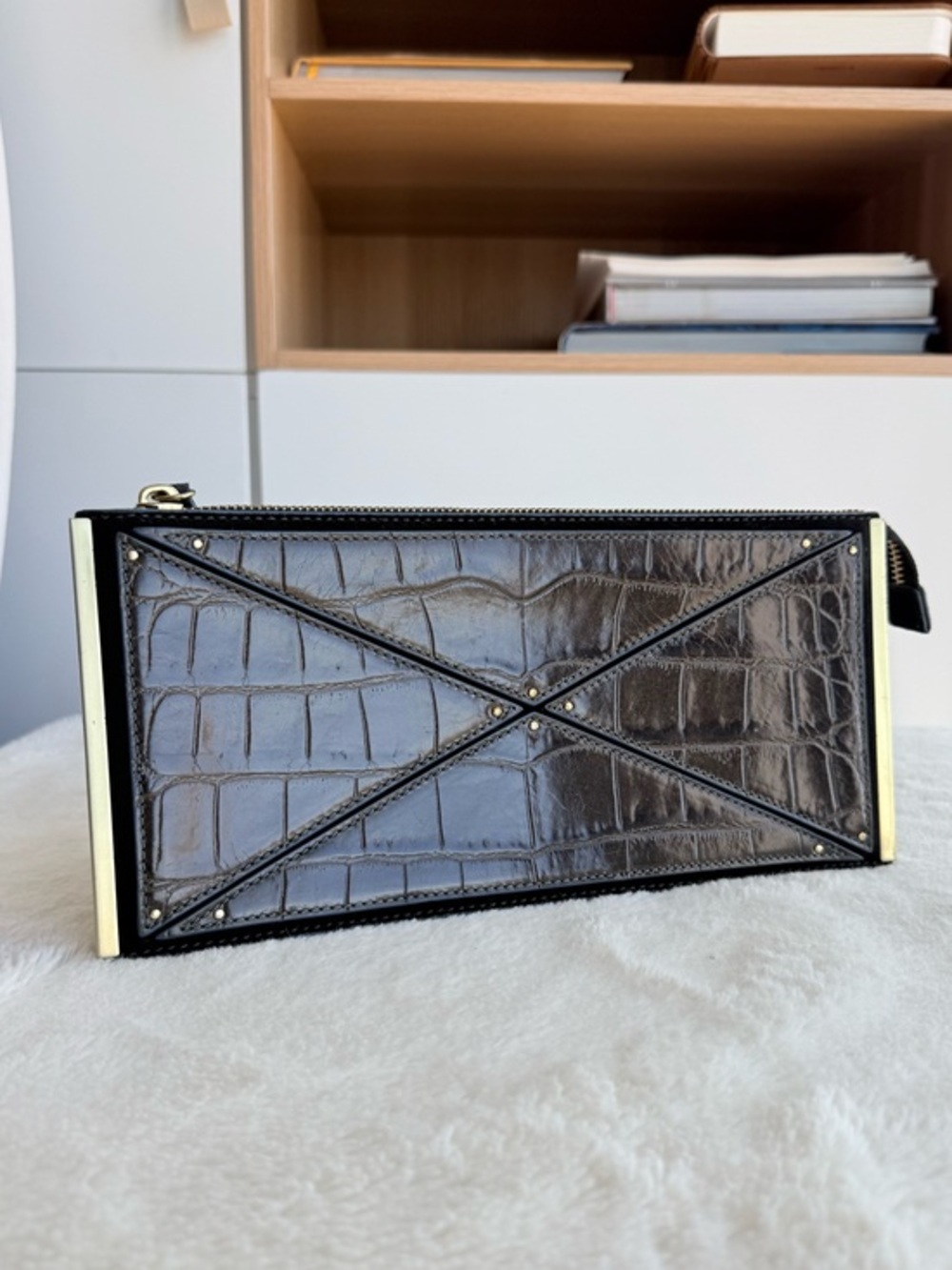 Reiss Renee Leather Brown Navy Blue Texture Clutch